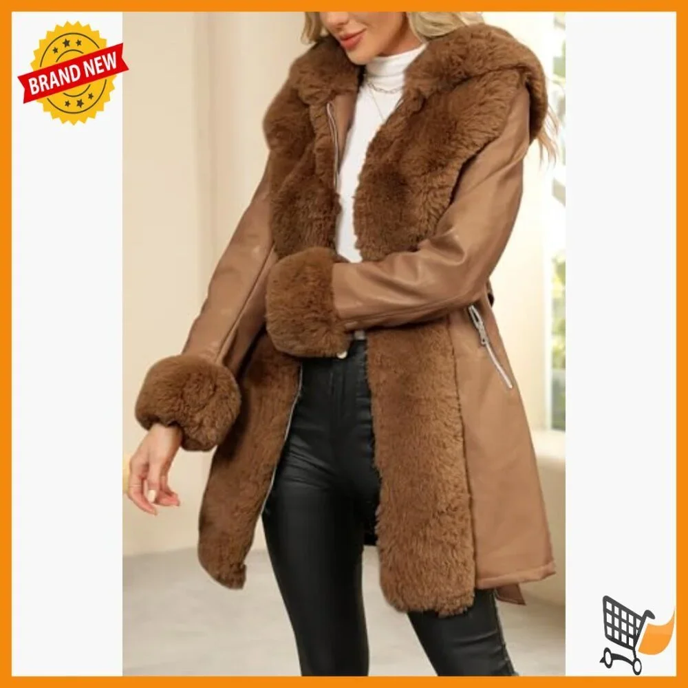 Women's Wool Pea Coat Faux Fur Parka with Belt Winter Warm Overcoat